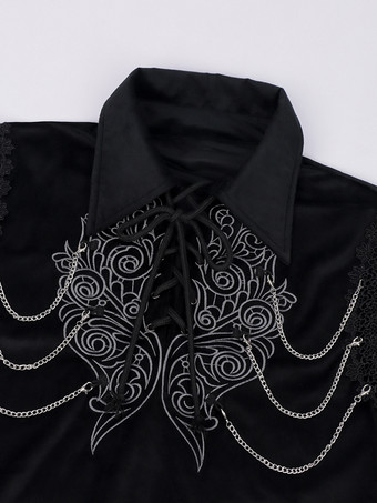 Chemise noire rétro médiévale vampire en velours brodé chemise punk à chaînes