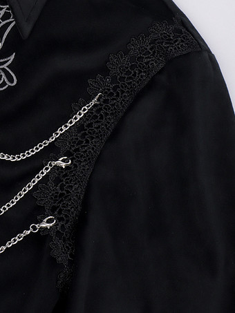 Chemise noire rétro médiévale vampire en velours brodé chemise punk à chaînes