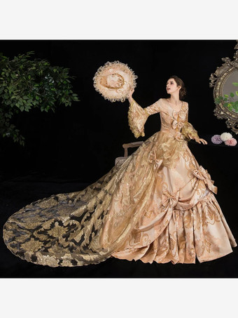 Vestido victoriano rococó Estampado floral Encaje Manga 3/4 Vestido de Lolita clásico de albaricoque profundo