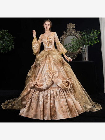 Vestido victoriano rococó Estampado floral Encaje Manga 3/4 Vestido de Lolita clásico de albaricoque profundo