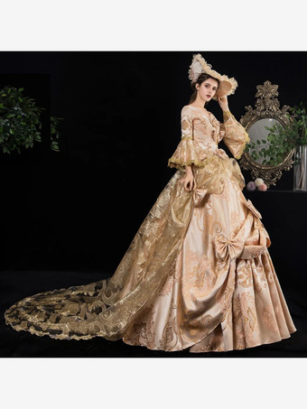 Vestido victoriano rococó Estampado floral Encaje Manga 3/4 Vestido de Lolita clásico de albaricoque profundo