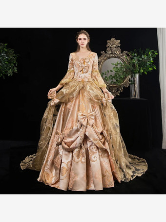 Color almendra oscuroVestido victoriano rococó Estampado floral Encaje Manga 3/4 Vestido de Lolita clásico de albaricoque profundo