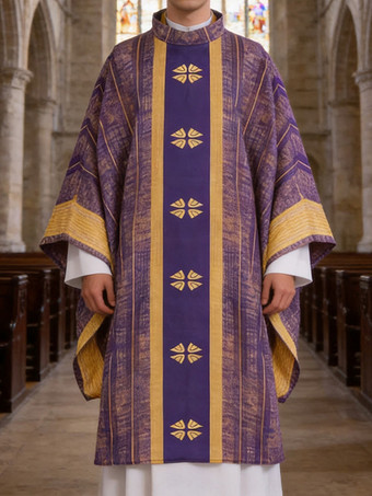 パープル 緑色のゴシック様式の祭服、刺繍入り十字架付き、教会ミサ用、中世風レトロ典礼聖職者衣装