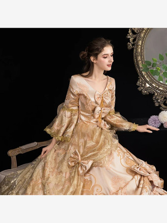 Vestido victoriano rococó Estampado floral Encaje Manga 3/4 Vestido de Lolita clásico de albaricoque profundo