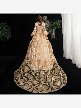 Vestido victoriano rococó Estampado floral Encaje Manga 3/4 Vestido de Lolita clásico de albaricoque profundo