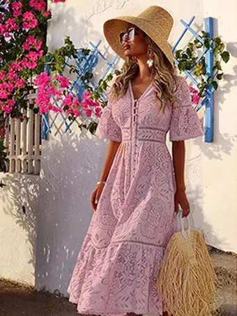 half lace maxi dress Floor Length Empire Waist Lace Evening Dress with Half Sleeve