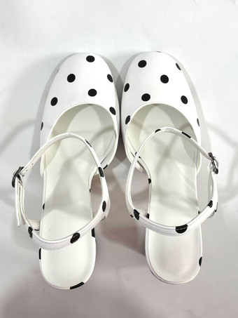 Escarpins blancs vintage à bout rond et à talons carrés à pois