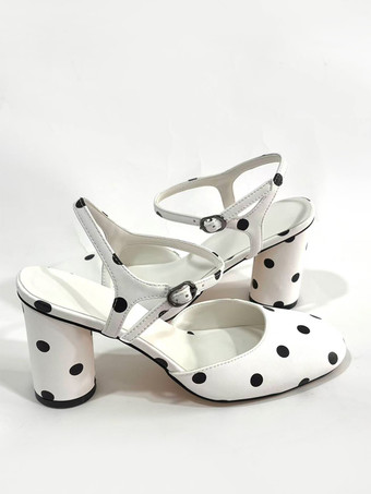 Escarpins blancs vintage à bout rond et à talons carrés à pois