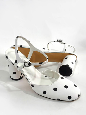 Escarpins blancs vintage à bout rond et à talons carrés à pois
