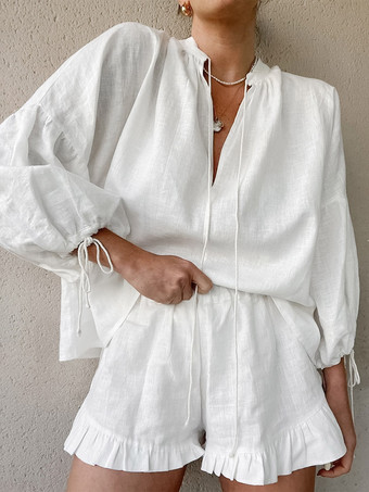 blanc Ensemble chemise oversize en lin rose pastel bleu et blanc taille élastique et short à volants