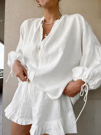 Ensemble chemise oversize en lin rose pastel bleu et blanc taille élastique et short à volants