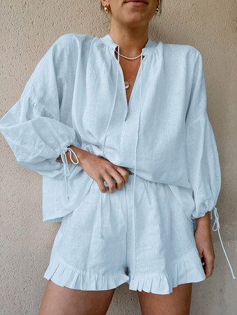 bleu Ensemble chemise oversize en lin rose pastel bleu et blanc taille élastique et short à volants