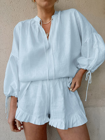 Ensemble chemise oversize en lin rose pastel bleu et blanc taille élastique et short à volants