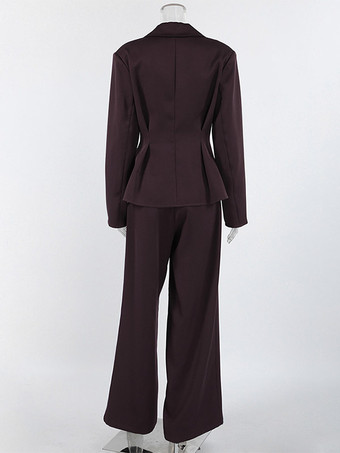 Ensemble deux pièces pour femme : blazer péplum et pantalon large marron foncé idéal pour le bureau ou les affaires.