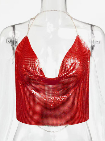 Rosso Cinghie sexy Halter Top in metallo con paillettes Clubwear Top senza maniche Cinghie senza maniche in poliestere Cami drappeggiato Crop per le donne