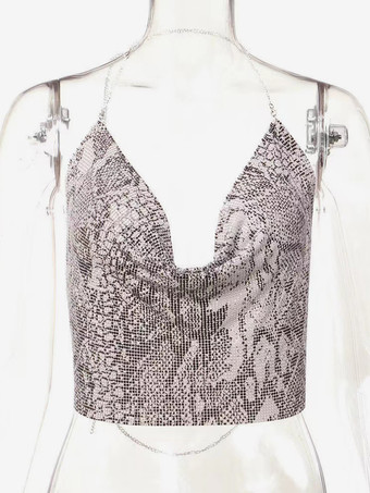 SerpentinaCinghie sexy Halter Top in metallo con paillettes Clubwear Top senza maniche Cinghie senza maniche in poliestere Cami drappeggiato Crop per le donne
