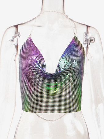 coloratiCinghie sexy Halter Top in metallo con paillettes Clubwear Top senza maniche Cinghie senza maniche in poliestere Cami drappeggiato Crop per le donne