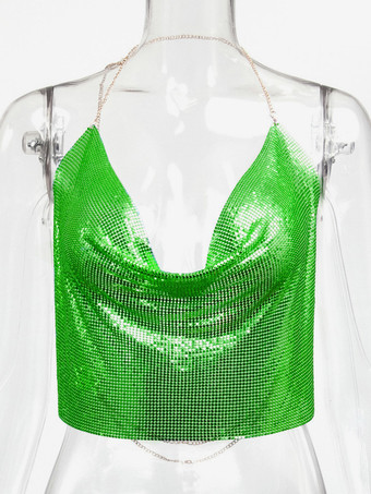 VerdeCinghie sexy Halter Top in metallo con paillettes Clubwear Top senza maniche Cinghie senza maniche in poliestere Cami drappeggiato Crop per le donne