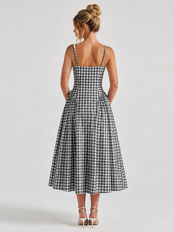Robe de soirée élégante à carreaux sans manches col carré robe noire midi