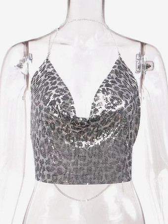 Nero e ArgentoCinghie sexy Halter Top in metallo con paillettes Clubwear Top senza maniche Cinghie senza maniche in poliestere Cami drappeggiato Crop per le donne