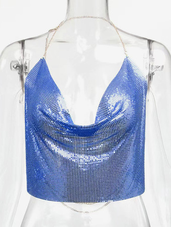 BluCinghie sexy Halter Top in metallo con paillettes Clubwear Top senza maniche Cinghie senza maniche in poliestere Cami drappeggiato Crop per le donne