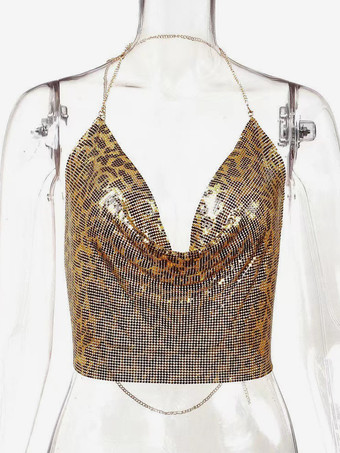 MaculatoCinghie sexy Halter Top in metallo con paillettes Clubwear Top senza maniche Cinghie senza maniche in poliestere Cami drappeggiato Crop per le donne