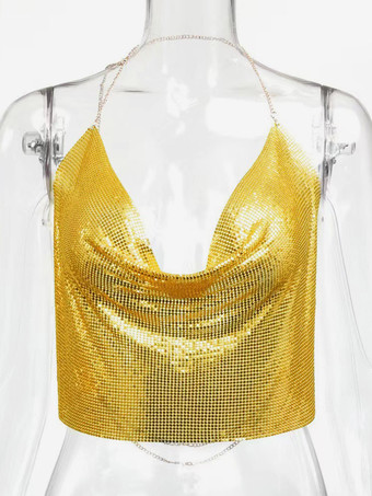 BiondoCinghie sexy Halter Top in metallo con paillettes Clubwear Top senza maniche Cinghie senza maniche in poliestere Cami drappeggiato Crop per le donne