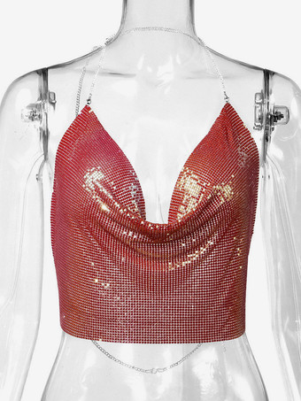 BordeauxCinghie sexy Halter Top in metallo con paillettes Clubwear Top senza maniche Cinghie senza maniche in poliestere Cami drappeggiato Crop per le donne