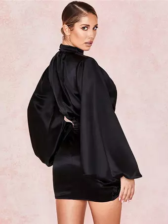 long sleeve black semi formal dress Party DressMini Black Stand Collar Long Sleeves Lantern Sleeve Elegant Semi Formal Dress