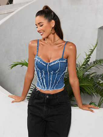 Débardeur bleu à bretelles fines et sexy en jean pour femme