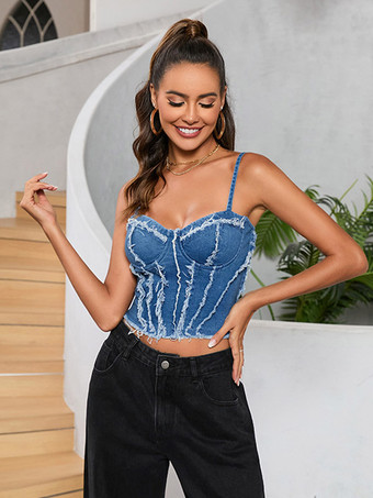 bleu Débardeur bleu à bretelles fines et sexy en jean pour femme