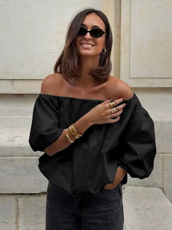 noir Blouse blanche élégante à épaules dénudées et manches longues en coton pour femme