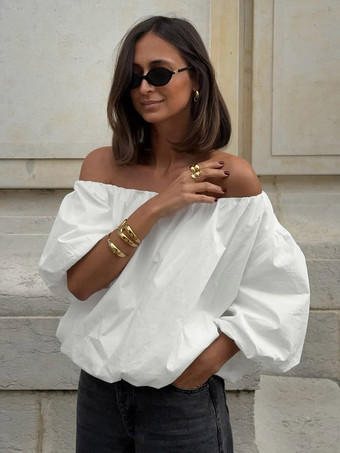 blanc Blouse blanche élégante à épaules dénudées et manches longues en coton pour femme