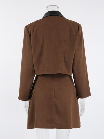 Ensemble deux pièces pour femme : blazer court à col en cuir contrastant et mini-jupe portefeuille