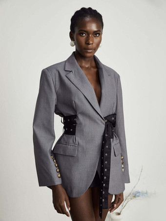 Robe blazer courte pour femme à revers cranté ceinture à rivets et taille cintrée