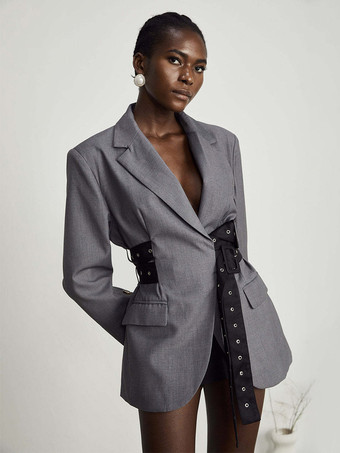 Robe blazer courte pour femme à revers cranté ceinture à rivets et taille cintrée