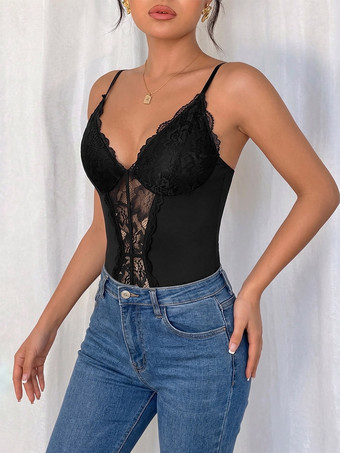 Body sans manches noir dos nu à bretelles fines haut sexy pour femme