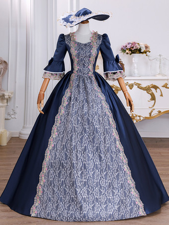 Dunkelblau Faschingskostüm Damen Retro Kleid Barock Kostüm Spitze bestickte Tunika Lace Up Ball Kleid Kleid