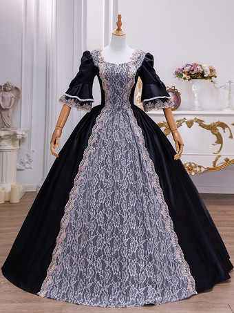 SchwarzFaschingskostüm Damen Retro Kleid Barock Kostüm Spitze bestickte Tunika Lace Up Ball Kleid Kleid