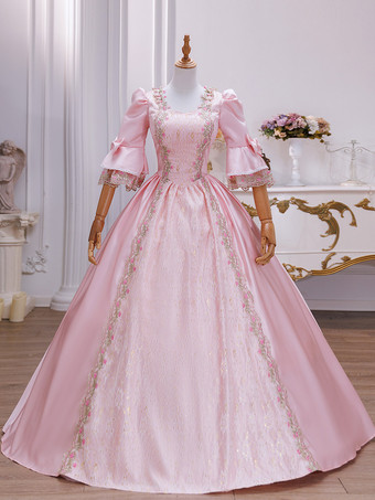 RosaFaschingskostüm Damen Retro Kleid Barock Kostüm Spitze bestickte Tunika Lace Up Ball Kleid Kleid
