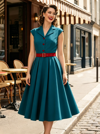 Robe trapèze vintage années 1950 pour femme sans manches à col idéale pour un tea party.