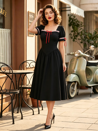 Robe vintage pour femme manches bouffantes coupe midi col carré nœud sur le devant évasée.