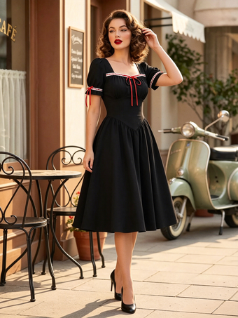 noir Robe vintage pour femme manches bouffantes coupe midi col carré nœud sur le devant évasée.