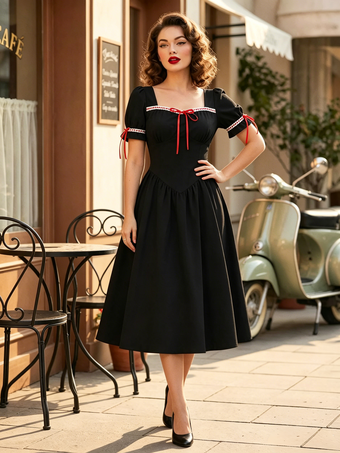 Robe vintage pour femme manches bouffantes coupe midi col carré nœud sur le devant évasée.