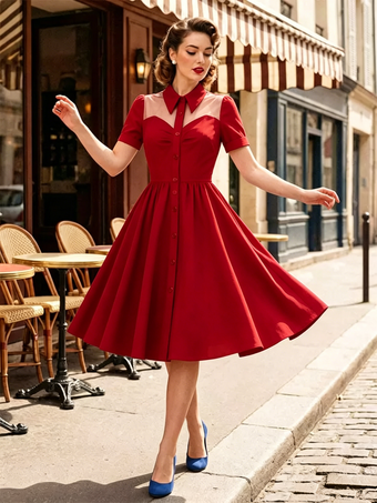 ワインレッド レディース 1950年代 ヴィンテージ スイングドレス メッシュ コントラストカラー ボタンフロント ミディドレス