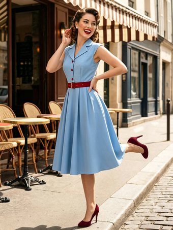 Bleu ciel Robe trapèze vintage années 1950 pour femme sans manches à col idéale pour un tea party.