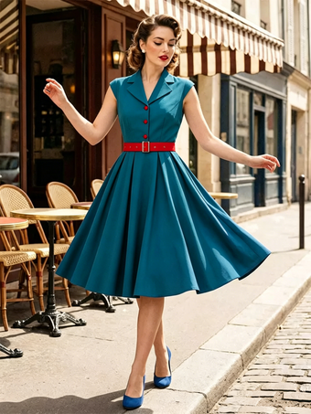 vert clair Robe trapèze vintage années 1950 pour femme sans manches à col idéale pour un tea party.