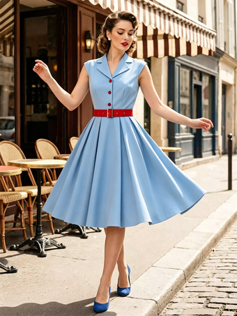 Robe trapèze vintage années 1950 pour femme sans manches à col idéale pour un tea party.
