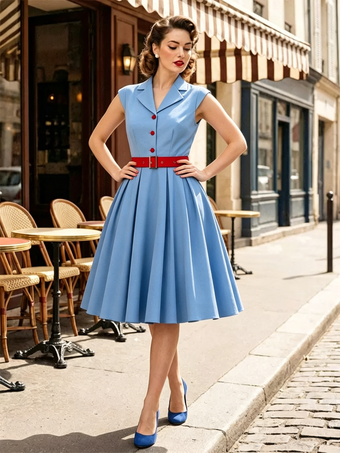 Robe trapèze vintage années 1950 pour femme sans manches à col idéale pour un tea party.