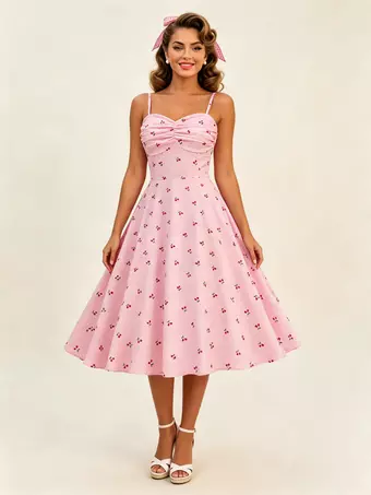 cherry print halter dress Pink A Line Midi For Women Sweet Summer WEDDING GUEST